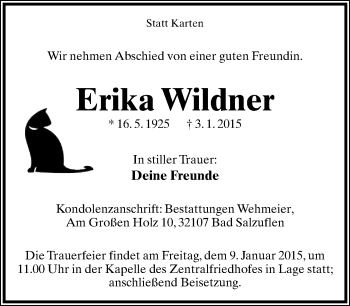 Anzeige  Erika Wildner  Lippische Landes-Zeitung