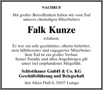 Anzeige  Falk Kunze  Lippische Landes-Zeitung
