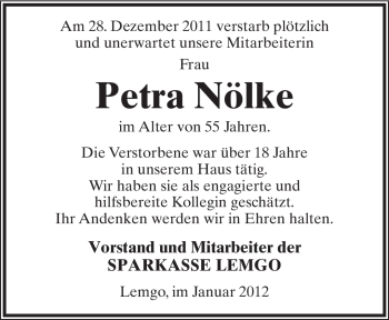 Anzeige  Petra Nölke  Lippische Landes-Zeitung