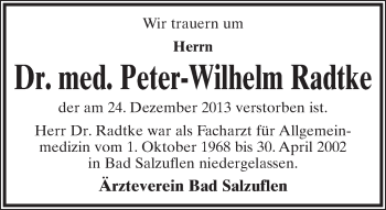 Anzeige  Peter-Wilhelm Radtke  Lippische Landes-Zeitung