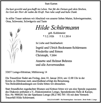 Anzeige  Hilde Schürmann  Lippische Landes-Zeitung
