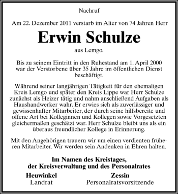 Anzeige  Erwin Schulze  Lippische Landes-Zeitung