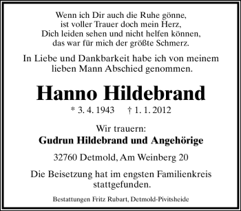 Anzeige  Hanno Hildebrand  Lippische Landes-Zeitung