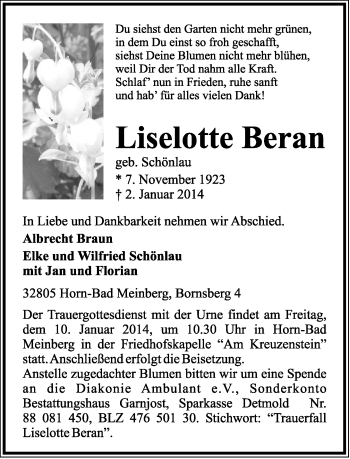 Anzeige  Lieselotte Beran  Lippische Landes-Zeitung