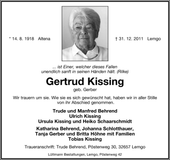 Anzeige  Gertrud Kissing  Lippische Landes-Zeitung