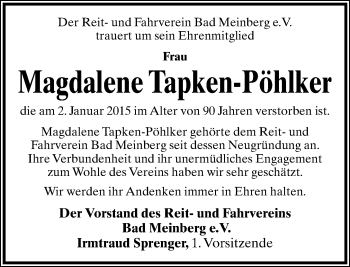 Anzeige  Magdalene Tapken-Pöhlker  Lippische Landes-Zeitung