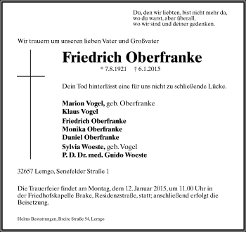 Anzeige  Friedrich Oberfranke  Lippische Landes-Zeitung