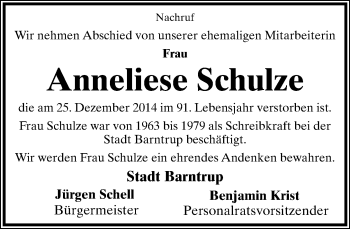 Anzeige  Anneliese Schulze  Lippische Landes-Zeitung