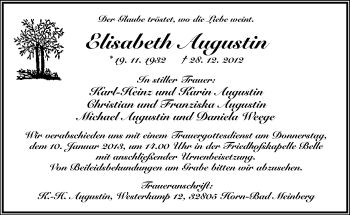 Anzeige  Elisabeth Augustin  Lippische Landes-Zeitung
