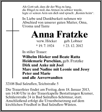 Anzeige  Anna Fratzke  Lippische Landes-Zeitung