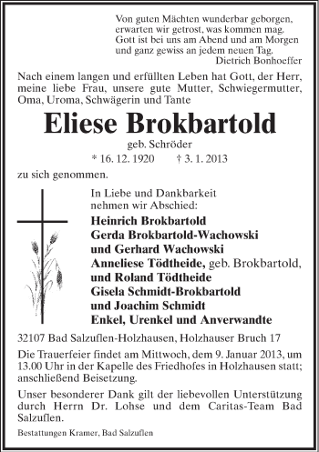 Anzeige  Eliese Brokbartold  Lippische Landes-Zeitung