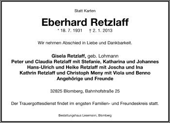 Anzeige  Eberhard Retzlaff  Lippische Landes-Zeitung