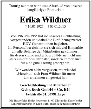 Anzeige  Erika Wildner  Lippische Landes-Zeitung