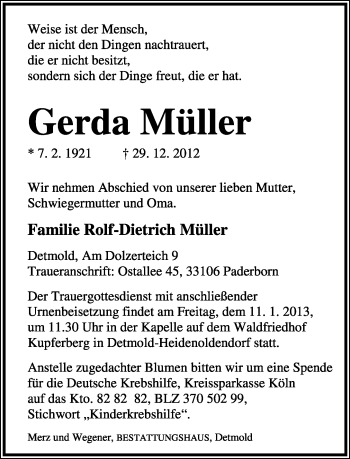 Anzeige  Gerda Müller  Lippische Landes-Zeitung