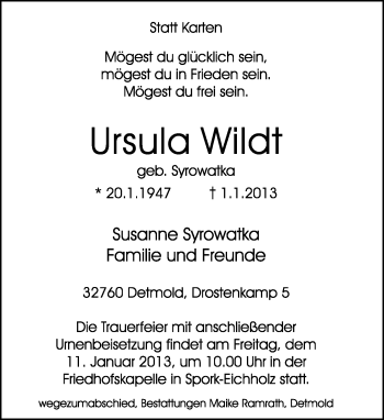 Anzeige  Ursula Wildt  Lippische Landes-Zeitung