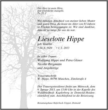 Anzeige  Lieselotte Hippe  Lippische Landes-Zeitung