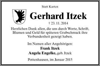 Anzeige  Gerhard Itzek  Lippische Landes-Zeitung