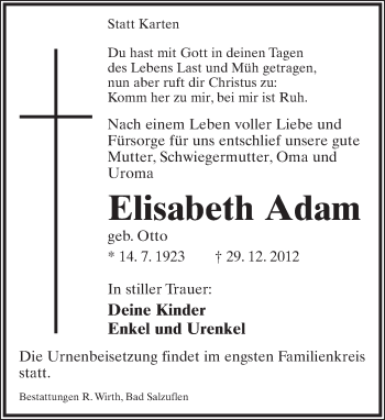 Anzeige  Elisabeth Adam  Lippische Landes-Zeitung