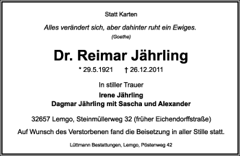 Anzeige  Reimar Jährling  Lippische Landes-Zeitung