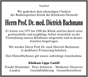 Anzeige  Dietrich Bachmann  Lippische Landes-Zeitung