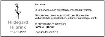 Anzeige  Hildegard Hilbrink  Lippische Landes-Zeitung