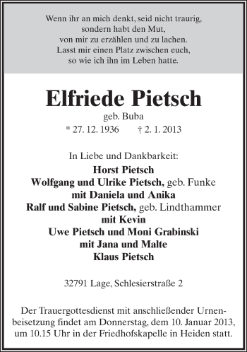 Anzeige  Elfriede Pietsch  Lippische Landes-Zeitung