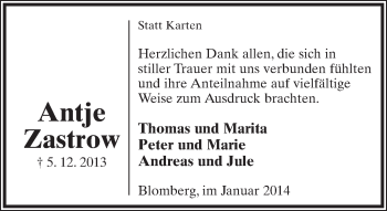 Anzeige  Antje Zastrow  Lippische Landes-Zeitung
