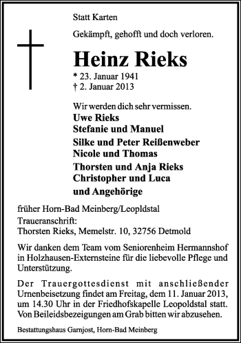 Anzeige  Heinz Rieks  Lippische Landes-Zeitung