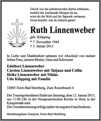 Anzeige  Ruth Linnenweber  Lippische Landes-Zeitung