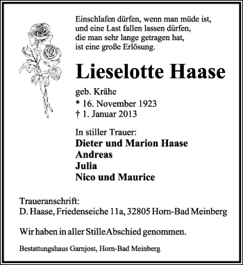 Anzeige  Lieselotte Haase  Lippische Landes-Zeitung