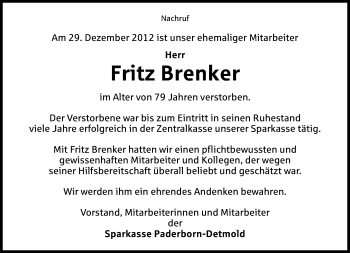 Anzeige  Fritz Brenker  Lippische Landes-Zeitung