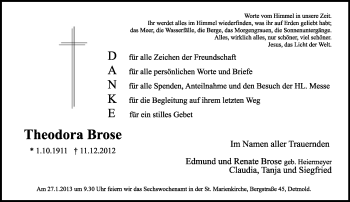 Anzeige  Theodora Brose  Lippische Landes-Zeitung