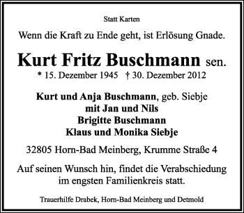 Anzeige  Kurt Fritz Buschmann  Lippische Landes-Zeitung