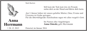 Anzeige  Anna Herrmann  Lippische Landes-Zeitung