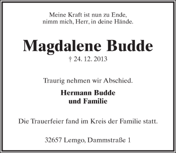 Anzeige  Magdalene Budde  Lippische Landes-Zeitung