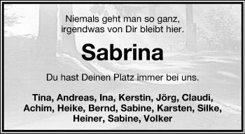 Anzeige  Sabrina Schling  Lippische Landes-Zeitung