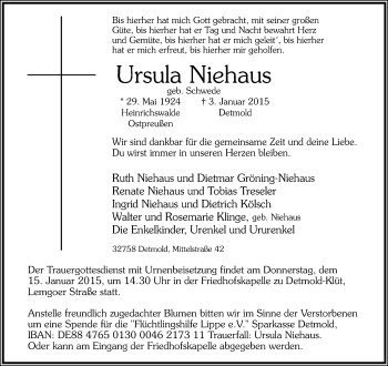 Anzeige  Ursula Niehaus  Lippische Landes-Zeitung