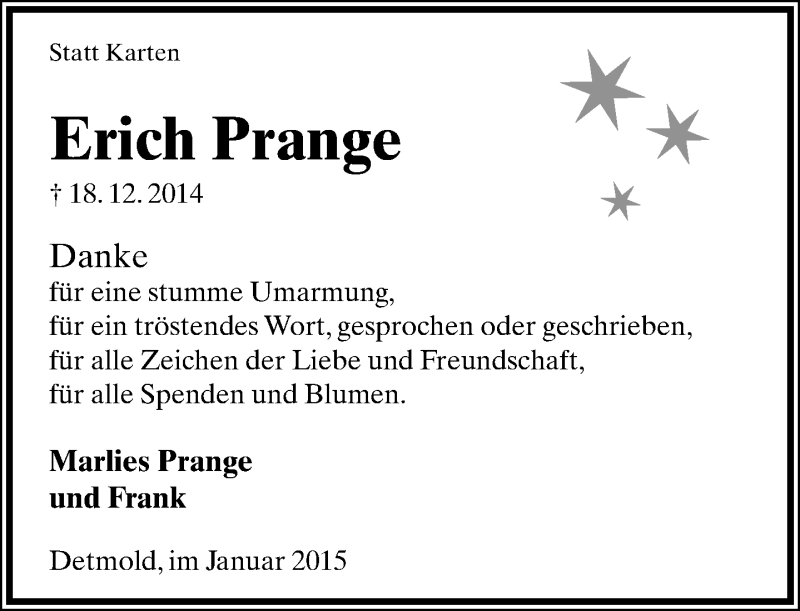 Traueranzeige für Erich Prange vom 10.01.2015 aus Lippische Landes-Zeitung