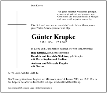 Anzeige  Günter Krupke  Lippische Landes-Zeitung