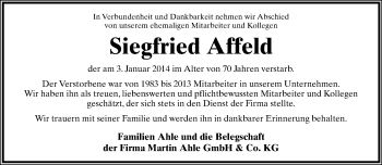 Anzeige  Siegfried Affeld  Lippische Landes-Zeitung