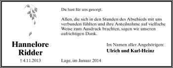 Anzeige  Hannelore Ridder  Lippische Landes-Zeitung