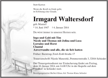 Anzeige  Irmgard Walterdorf  Lippische Landes-Zeitung