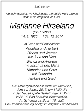 Anzeige  Marianne Hirseland  Lippische Landes-Zeitung