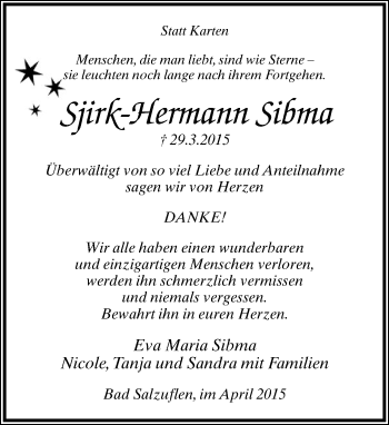 Anzeige  Sjirk-Hermann Sibma  Lippische Landes-Zeitung
