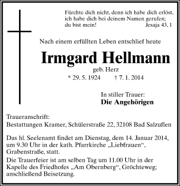 Anzeige  Irmgard Hellmann  Lippische Landes-Zeitung