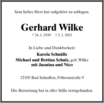 Anzeige  Gerhard Wilke  Lippische Landes-Zeitung