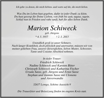 Anzeige  Marion Schiweck  Lippische Landes-Zeitung