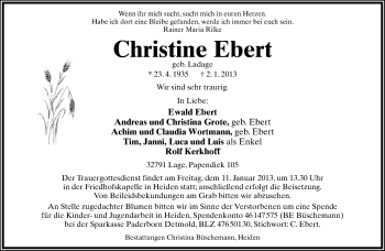 Anzeige  Christine Ebert  Lippische Landes-Zeitung