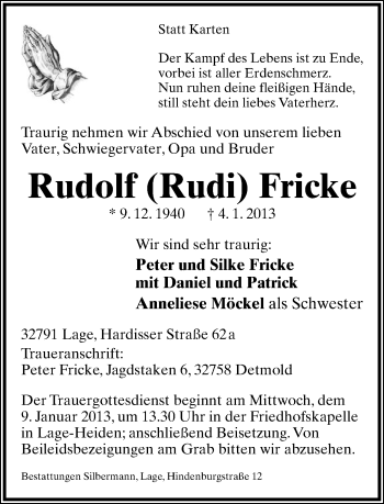 Anzeige  Rudolf Fricke  Lippische Landes-Zeitung