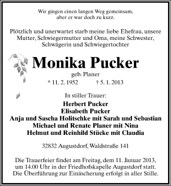 Anzeige  Monika Pucker  Lippische Landes-Zeitung